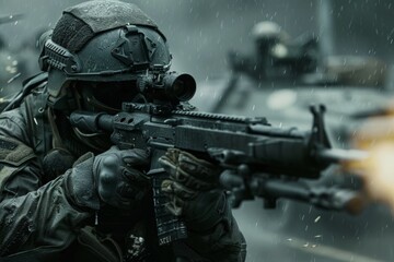 Fototapeta premium A heavily armed soldier aims his rifle with precision, advancing through a war-torn urban landscape under a gloomy, dusky sky.