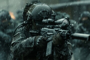 A soldier gripping a rifle tightly, standing resolute in a downpour of rain.