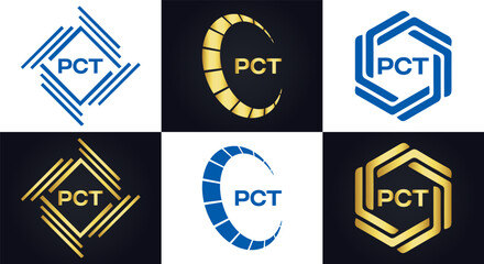 PCT logo. P C T design. White PCT letter. PCT, P C T letter logo design. P C T letter logo design in FIVE, FOUR, THREE, style. letter logo set in one artboard. P C T letter logo vector design.