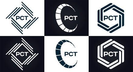 PCT logo. P C T design. White PCT letter. PCT, P C T letter logo design. P C T letter logo design in FIVE, FOUR, THREE, style. letter logo set in one artboard. P C T letter logo vector design.