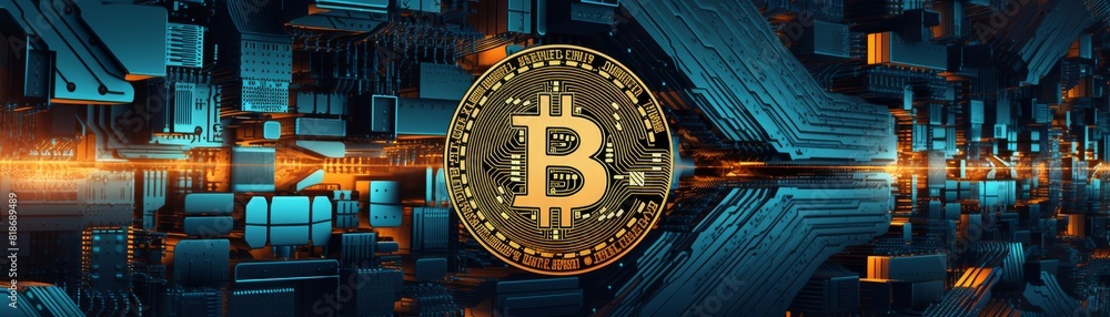 Poster bitcoin over circuit-like patterns