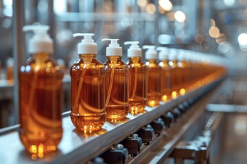 Bottles of liquid on conveyor belt