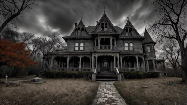 A spooky Halloween-themed manor with glowing orange windows, set against a dark and stormy sky. The eerie atmosphere and gothic architecture make it perfect for a haunted night.