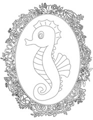 Fototapeta premium Seahorse in A Floral Frame Coloring Page. Printable Coloring Worksheet for Kids. Educational Resources for School and Preschool.