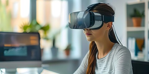 Businesswoman using virtual reality headset to practice high stakes negotiation skills in an office setting with copy space description
