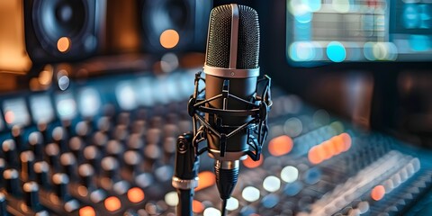 Podcast recording studio with professional microphone and sound equipment for communication skills and leadership discussion description This image