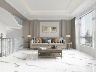 Luxury living room interior with white marble with silver veins floor and walls, comfy long sofa, wooden coffee table, window to beautiful view, unique chandelier, artificial plant aside. 3D Rendering