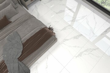 For Italian Slab white Marble Background Used Ceramic Wall Tiles And Floor Tiles, grey comfy bed with grey comforter and cushions. High Resolution. 3D Rendering
