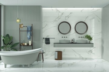 Spacious and breathtaking bathroom interior with grey and white marble and white ceramic walls and floor, loft windows, comfortable grey bathtub and double sink on long countertop. 3D Rendering