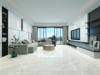 Fototapeta premium Minimalist living room interior design with white marble wall and floor, green plant pot, grey sofa set and coffee table. 3D Illustrations. 3D Rendering