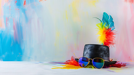 a hat and sunglasses with feathers