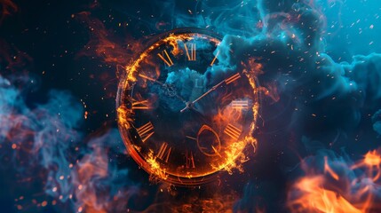 Fototapeta premium The clock burns in the fire poster.