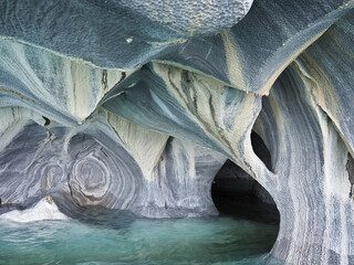 Marble Caves and Cathedral in Patagonia. Puerto Rio Tranquilo, in Chile. Huge marble deposits on the edge of the General Carrerra Lake creates caves, tunnels, and huge columns of pure marble. 