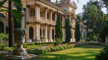 Grand mansion with columns, stonework, and gardens embodies luxury.