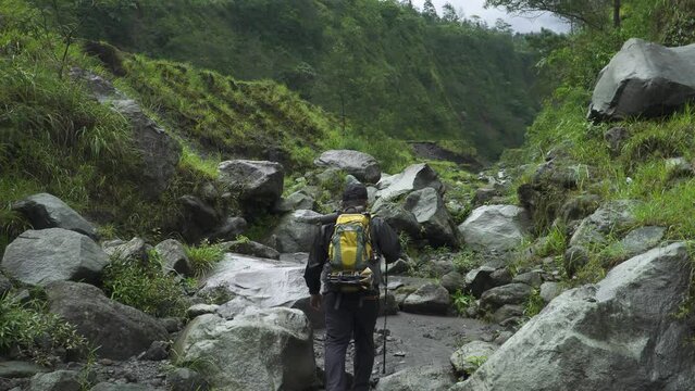 Solo Hiker Walks in the wild with varied terrain while carrying a backpack. A man in adventure gear and full gear walks across nature alone over various challenging obstacles