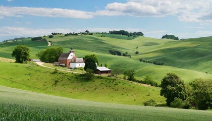 A peaceful countryside with rolling hills and a quaint farmhouse.
