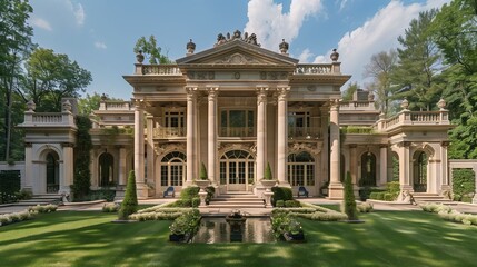 Fototapeta premium Opulent mansion with ornate columns, detailed stonework & pristine garden - luxury epitomized.
