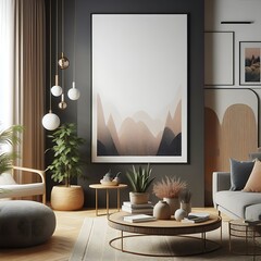 A living Room with a mockup poster empty white and with a large picture frame art realistic harmony card design harmony.