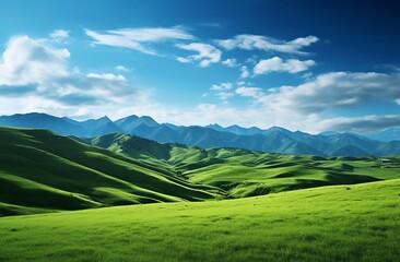 Fototapeta premium Green grassy hills with blue sky and mountains landscape background