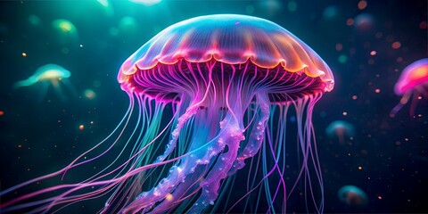 Illustration, desktop wallpaper. Neon jellyfish macro in the ocean at depth, everything is shining. shining transparent jellyfish, underwater world