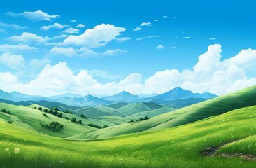 Green grassy hills with blue sky and mountains landscape background