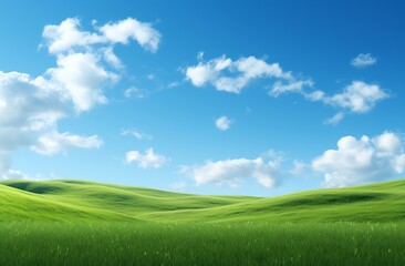 Green grassy hills with blue sky and mountains landscape background