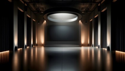 Modern minimalist stage with a sleek design and focused lighting, creating an elegant and professional presentation environment.