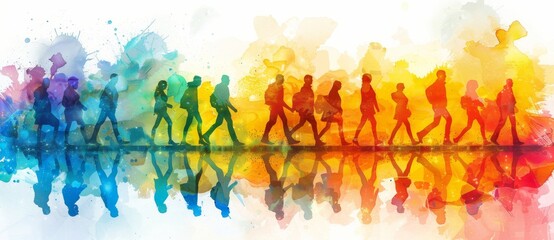 group of people walking in the same direction, watercolor style, vector illustration, rainbow colors, white background, high resolution, professional photograph, sharp focus, studio lighting