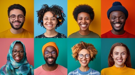 A grid of portraits showing a diverse group of smiling people, each person in their own colored background block, embodying the diversity and unity within every community.