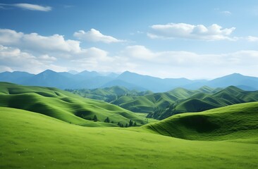 Fototapeta premium Green grassy hills with blue sky and mountains landscape background