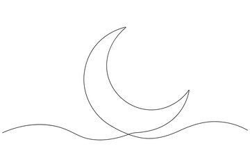 Moon symbol one continuous single line art drawing of Ramadan Kareem and Eid banner in simple outline vector