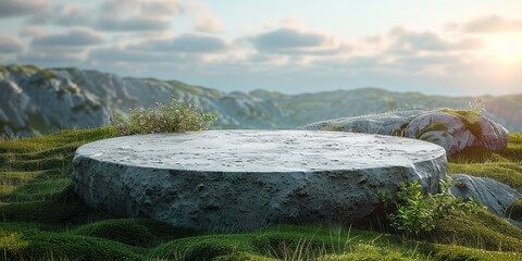 Podium spring grass illustration 3D lawn island stage plant  green cinematic and realistic level of detail 