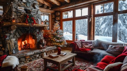 A cozy cabin in the mountains, surrounded by snow-covered trees and a roaring fireplace inside, providing a perfect retreat for a winter travel experience