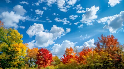 Vibrant autumn foliage against blue sky background