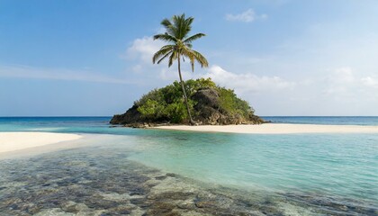 A remote island with a solitary palm tree and pristine beaches.
