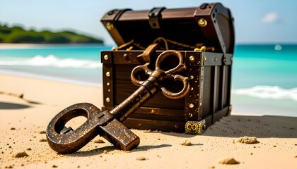 a large key in front of the pirate treasure box. The keys are rusty and worn out, but they still...