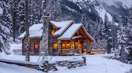 A cozy cabin in the mountains, surrounded by snow-covered trees and a roaring fireplace inside, providing a perfect retreat for a winter travel experience