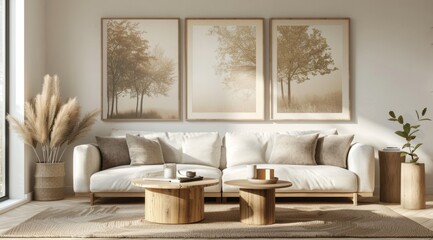 A living room with three wooden frames on the wall above the sofa, each frame holding an image of trees in light beige tones. The sofa is white and centered between two round coffee tables. 