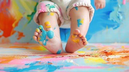 Colorful painted baby feet. The joy of childhood. The beauty of creativity.