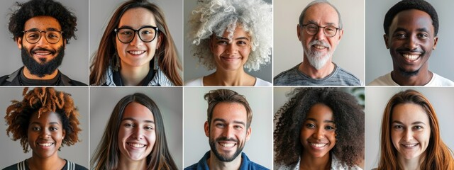 A grid of portraits showing different people from various ethnicities, ages and genders smiling with a white background. The portraits are in the style of different artists. 