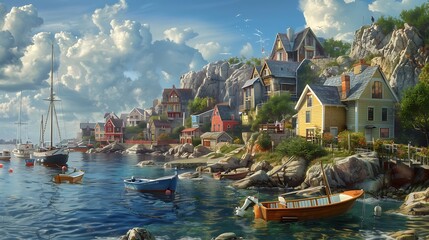 Quaint seaside village nestled along a rocky coast, with colorful fishing boats dotting the harbor.