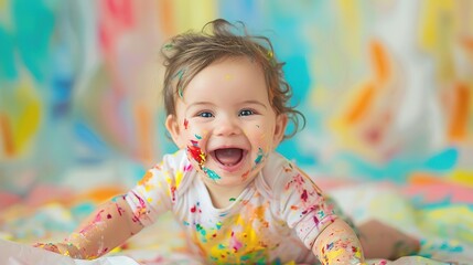 Joyful toddler covered in colorful paint.
