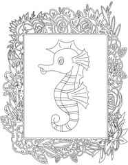 Seahorse in A Floral Frame Coloring Page. Printable Coloring Worksheet for Kids. Educational Resources for School and Preschool.