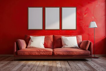 Frame mockup, ISO A paper size. Living room wall poster mockup. Interior mockup with house background. Modern interior design. 3D render