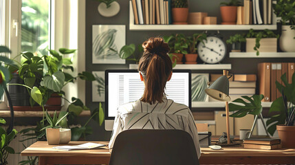 A serene depiction of remote work unfolds as a female employee engages in a video conference with colleagues from the comfort of her home office. The cozy, minimal color palette enhances the sense of