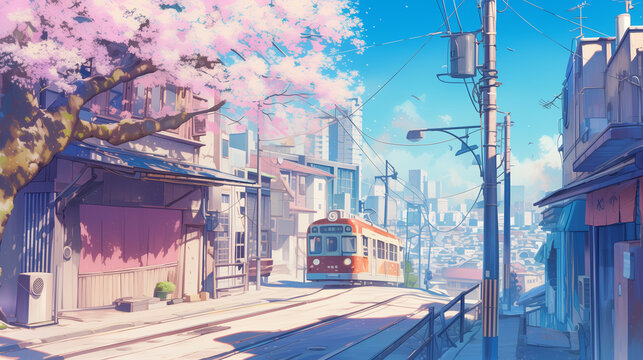 Illustration of the cityscape where cherry blossoms are scattered