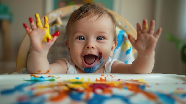 Capture the joy of a baby covered in paint, with chubby hands and a messy face.