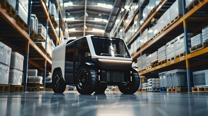 a spacious warehouse, a modern, autonomous, four-wheeled robotic vehicle with a sleek black and white design is positioned centrally on a smooth concrete floor. 