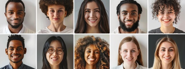 A grid of portraits showing people from different ethnicities and ages, smiling at the camera against a white background. The images should be arranged in rows with no overlapping faces to create