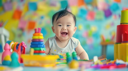 Fototapeta premium Generate an image of a happy baby playing with colorful toys. The baby should be between 6-12 months old. The image should be well-lit and have a soft, dreamy focus.